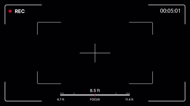 Cinematic camera viewfinder interface overlay with corner frame guide, crosshair, REC indicator, time counter and focus distance scale. Recording screen overlay. 4K Video