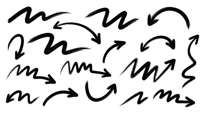 Collection of expressive black hand drawn wiggly arrows showing spontaneous movement and direction for creative design projects.