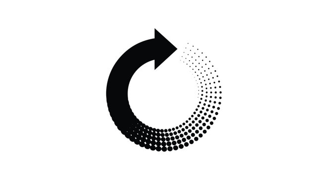 Large black circular arrow featuring a halftone dot gradient effect indicating rotation or progress on a white background.
