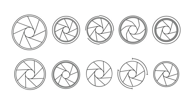 Collection of camera lens shutter aperture icons showing different f-stop openings in black and white technical drawing style.