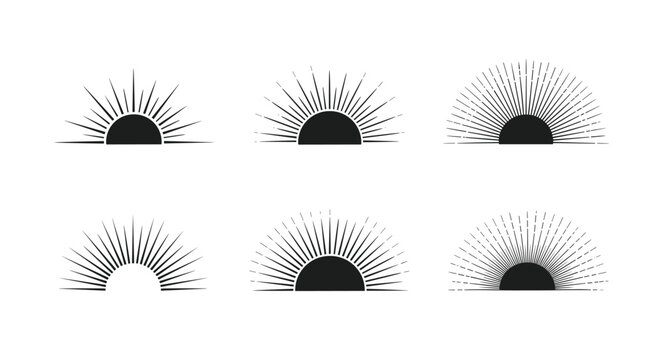 Set of black half-sun silhouettes with long thin rays depicting sunrise or sunset scenes for logo and icon design.