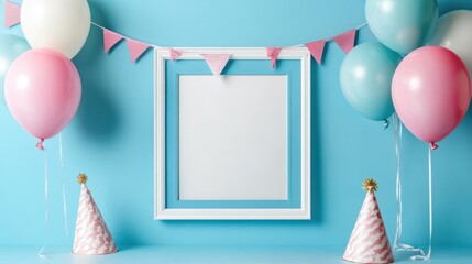Blank frame for personalized message or photo amidst cheerful pink and blue balloons, festive banner, and party hats, perfect for birthdays and celebrations