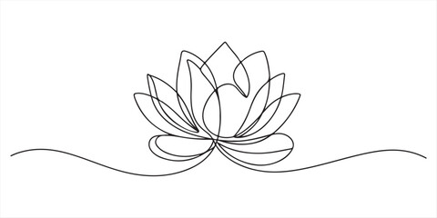 Continuous one line drawing of lotus flower. One line drawing illustration of beauty lotus flower. National vesak day concept single line. Continuous line, lotus, simple line, single flower line art.
