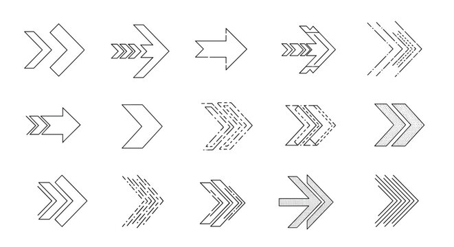 Diverse set of sketched arrow icons in different styles and patterns suitable for directional cues and creative design projects.