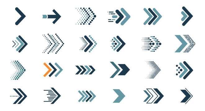 Professional collection of modern arrow icons in varying styles and blue tones suitable for corporate infographics and web interfaces.