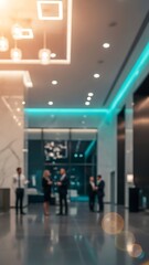 Fototapeta premium Blurred Business People in Modern Office Lobby with Blue Neon Light