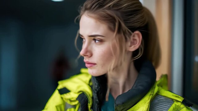 Young female EMS key worker doctor in realistic uniform outdoors during a shift showing professionalism and dedication in a healthcare emergency response setting