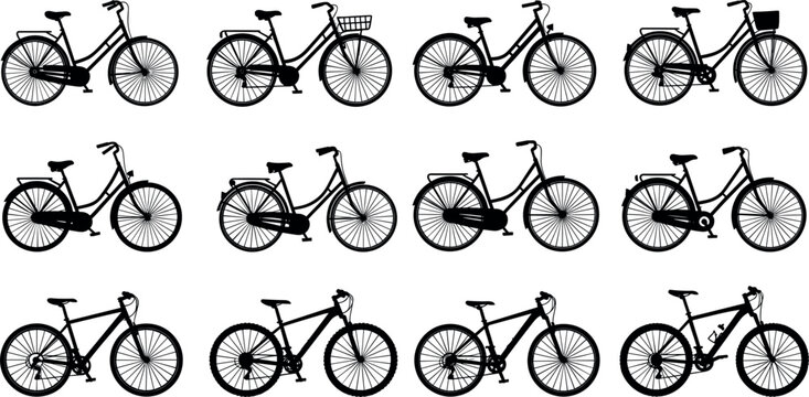 Large collection of bicycle silhouettes featuring various city cruiser and mountain bike frame styles for urban transportation and cycling lifestyle graphic design.
