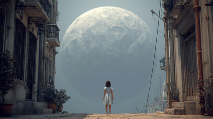 Child standing on street looking at giant moon