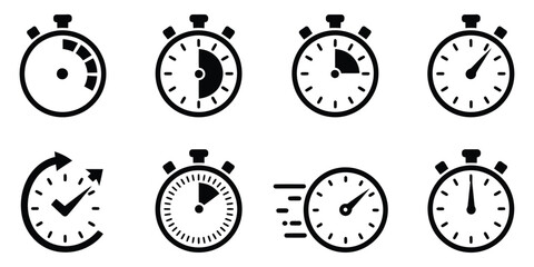 Black stopwatch icon set vector collection, timer, clock, countdown, and speed symbols design, isolated on white background, modern flat digital interface, time management concept