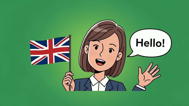 Woman Waving Hello Holding UK Flag Motion Graphic Loop