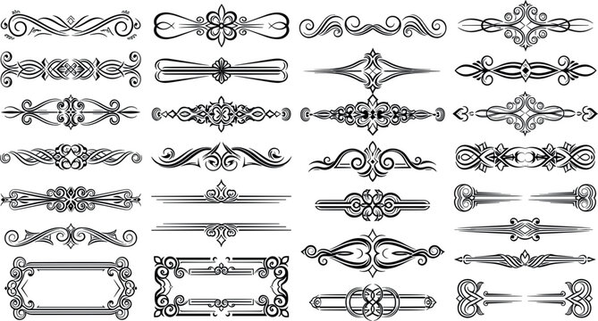 Large collection of vintage ornamental dividers and elegant vector borders with intricate flourishes for wedding invitations certificate design and premium branding ornaments.