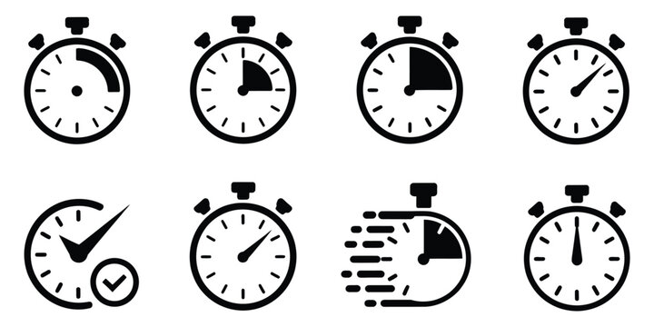Black stopwatch icon set collection, timer, clock, countdown, and speed symbol illustrations for productivity, time tracking, sports, efficiency, isolated on white background, flat design icons