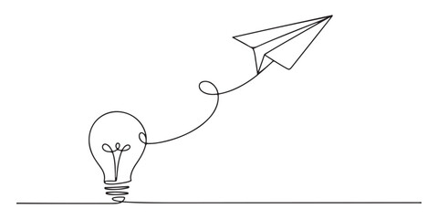 Paper plane flying up connected with light bulb in one continuous line drawing. Airplane in outline style. Startup business idea concept . Vector illustration