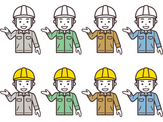 「こちら」と指し示すヘルメットと作業服を着用した男性のアイコン
