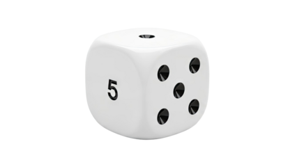 Single white die showing the number 5