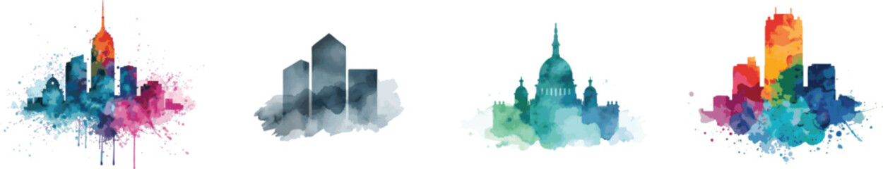 Watercolor set building silhouette icon. Isolated on white background