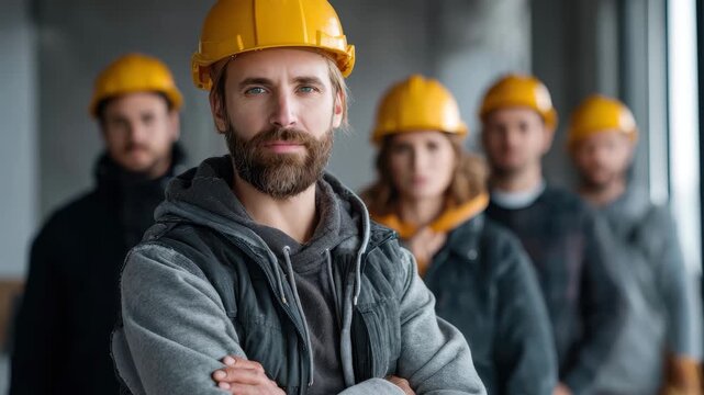 Construction workers from a construction engineering group stand together in safety gear, showcasing teamwork and professionalism in a modern workspace