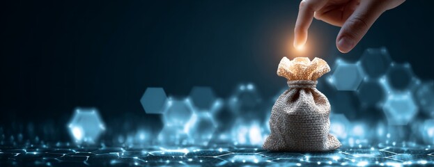 Hand with money bag on abstract digital background, financial technology concept for online business and marketing  