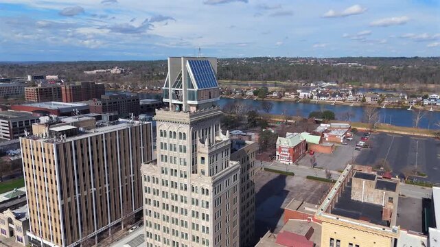 High altitude shot of Augusta cityscape with street and river