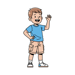 Fototapeta premium Happy Boy Waving Hand, Cartoon Character, Isolated on White Background