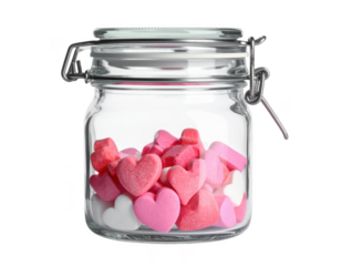 Glass jar filled with heart shaped candies, isolated on white background.