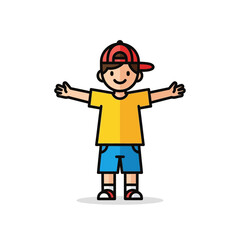 Fototapeta premium Cute Boy Character with Open Arms Wearing Cap and T-shirt, Vector Illustration