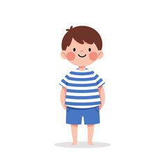 Cute Boy Wearing Blue Striped Shirt and Shorts, Standing Happy