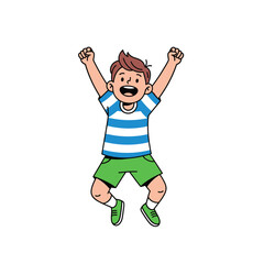 Excited Boy Jumping With Arms Raised in Celebration