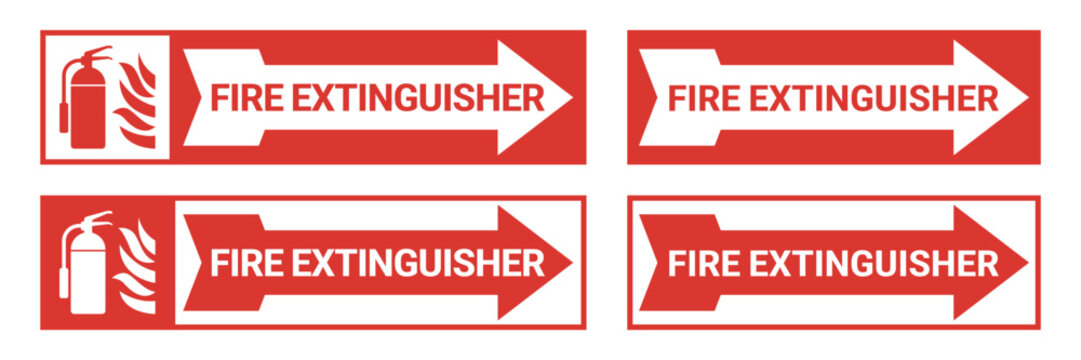 Fire extinguisher sign set. Firefighters tools for flame fighting. Fire extinguisher symbol, logo, badge, icon, sticker, label, banner, arrow, red, circle, line, flat vector, isolated illustration.