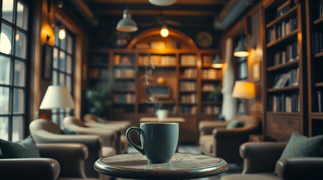 A Cup of Warm, Smoky Coffee on a Wooden Table with a Cozy Library Background