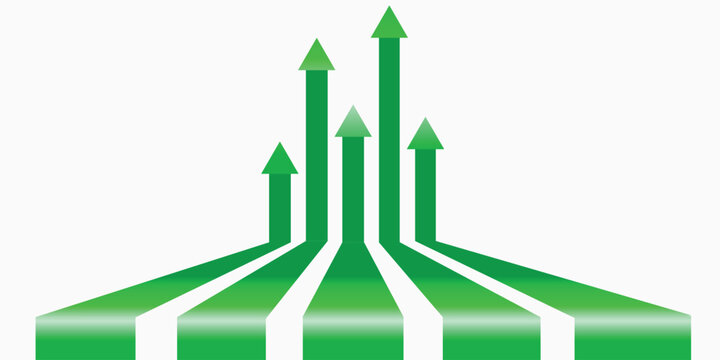 Five vibrant green arrows pointing upwards, symbolizing growth, progress, and increasing trends in business or data visualization.