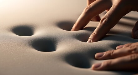 Fototapeta premium A persons hand creating indentations in a sandy surface with their fingers.