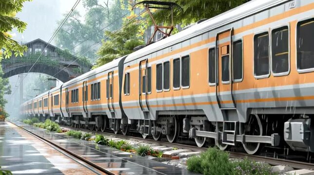 Rainy season local train scenes for urban lifestyle storytelling Scenic Train Journey Through Lush Gardens in the Rain - 4K Video Footage Public transportation visuals during rainy weather 