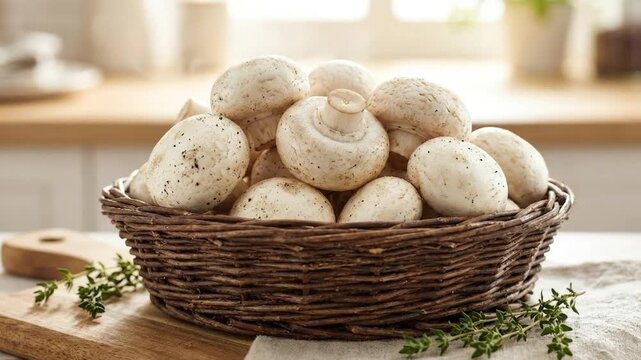 Fresh white button mushrooms in wicker basket with thyme on wooden kitchen table
