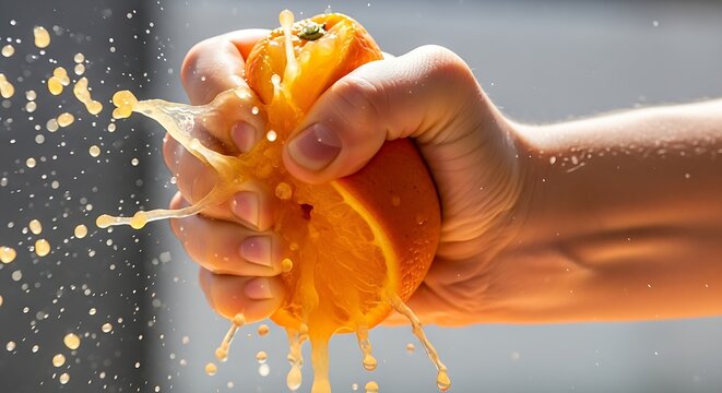 A hand squeezing an orange with juice splashing everywhere in a dynamic motion.