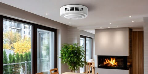 Naklejka premium Smoke alarm detecting danger in modern living room