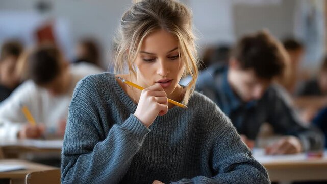 Student diligently preparing for educational admission exam in a classroom during morning hours with peers focused on their own work