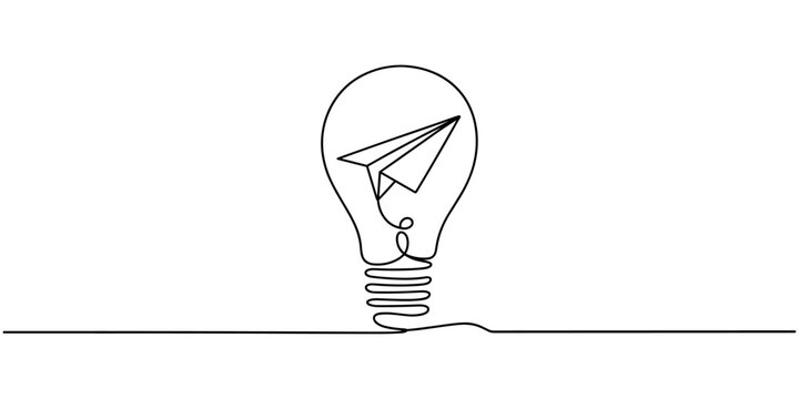 bulb with paper plan continuous one line Light Bulb, Creativity, Aspirations Continuous Line Icon, Continuous line drawing paper plane, mind, and bulb. Creative solution strategy landing page vector.