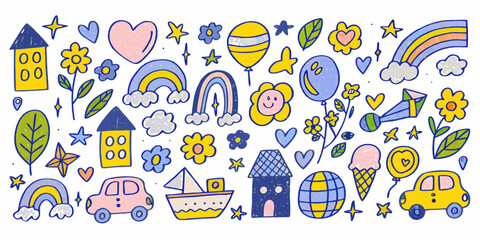 a whimsical doodle collection featuring cute icons rainbows and playful illustrations