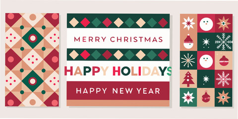 colorful christmas holiday greeting cards with festive patterns and cheerful messages