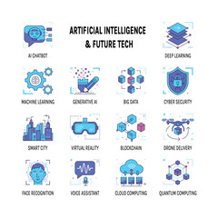 High quality icon set artificial intelligence and future tech in a modern flat outline style with vibrant gradient colors. Designed with a clean, minimal, and consistent look, these icons are perfect 