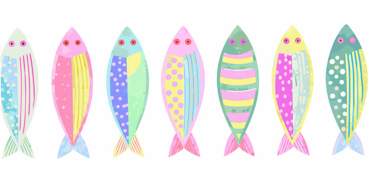 a colorful row of whimsical cartoon fish with diverse patterns and bright hues
