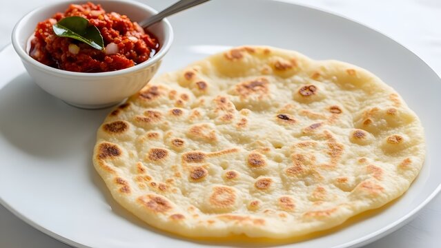 Close-up of freshly cooked thin Sri Lankan pol roti with a golden brown texture, served on a plate and paired with spicy lunu miris in a ceramic bowl.