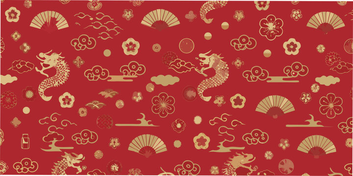 a vibrant red background with traditional chinese symbols and ornate golden patterns