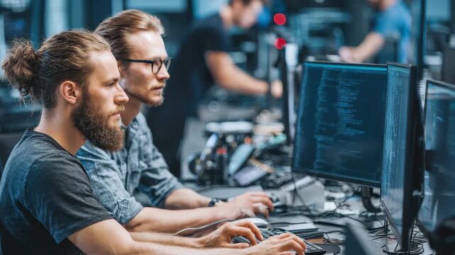 Collaboration among programmers in a modern office setting during a coding session on computer systems and software development