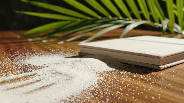 Sensory Beach Scene: A coastal scene featuring a touch of a beach, with grains of sand delicately scattered upon a textured wooden surface, coupled with a journal and plant