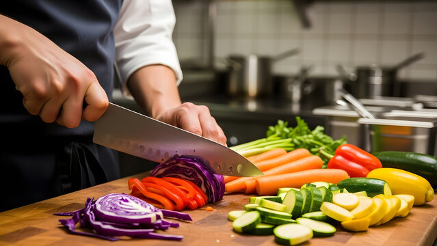 Close up of a chef using a sharp knife to cut red cabbage and zucchini in a kitchen