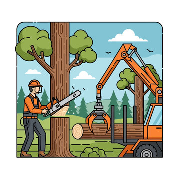 Lumberjack with Chainsaw and Logging Crane Truck in Forest