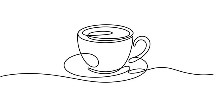 Continuous one line drawing of a hot beverage cup with a flowing wavy underscore suggesting warmth and inviting a relaxing coffee break for various branding and decorative purposes